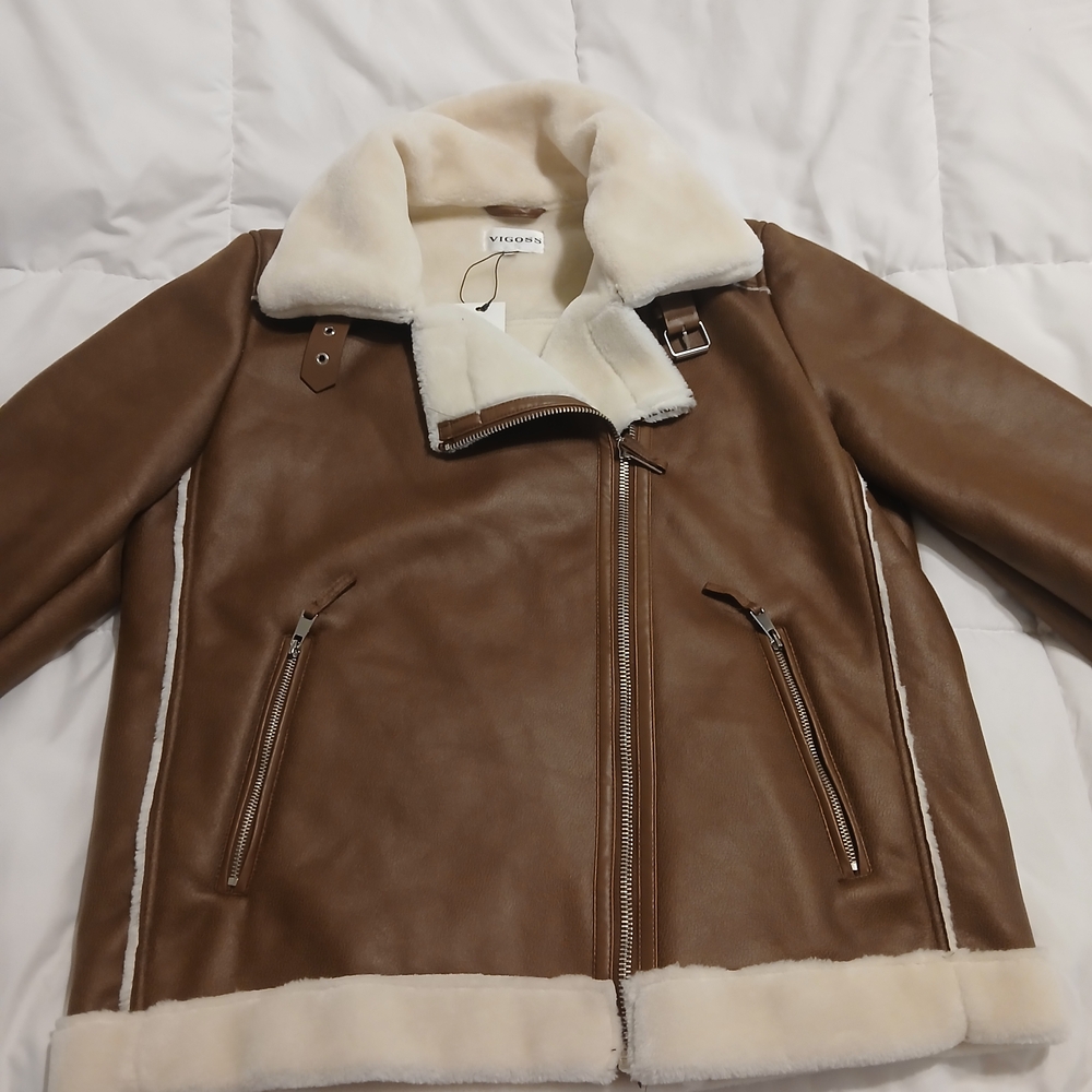 Brown Faux Leather Jacket with Cream Lining